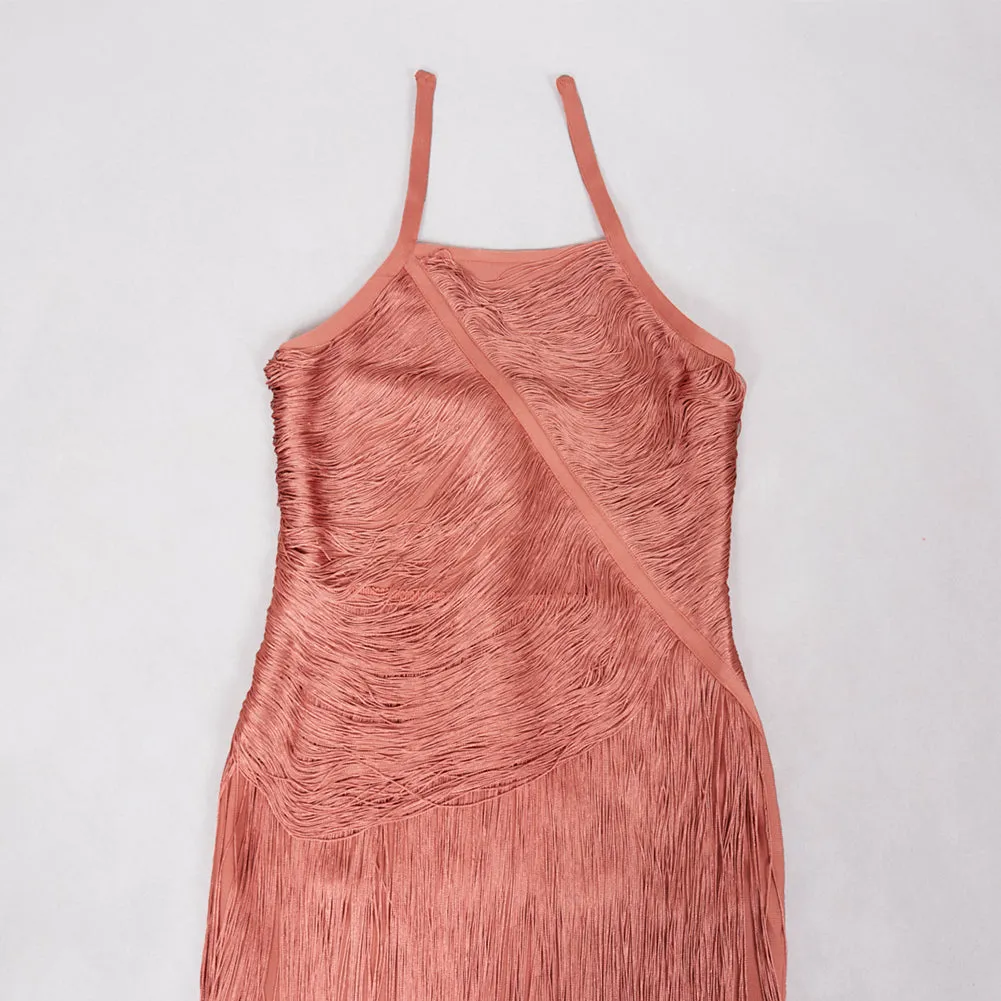 Halter Sleeveless Layered Tassels Midi Bandage Dress PZZF020