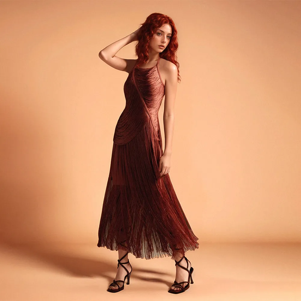 Halter Sleeveless Layered Tassels Midi Bandage Dress PZZF020
