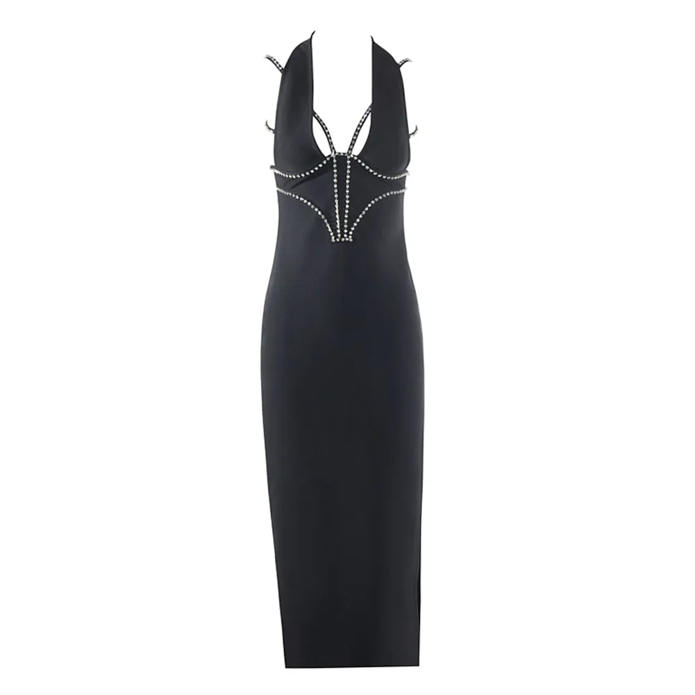 Halter Sleeveless Rhinestone Midi Bandage Dress PZC2466