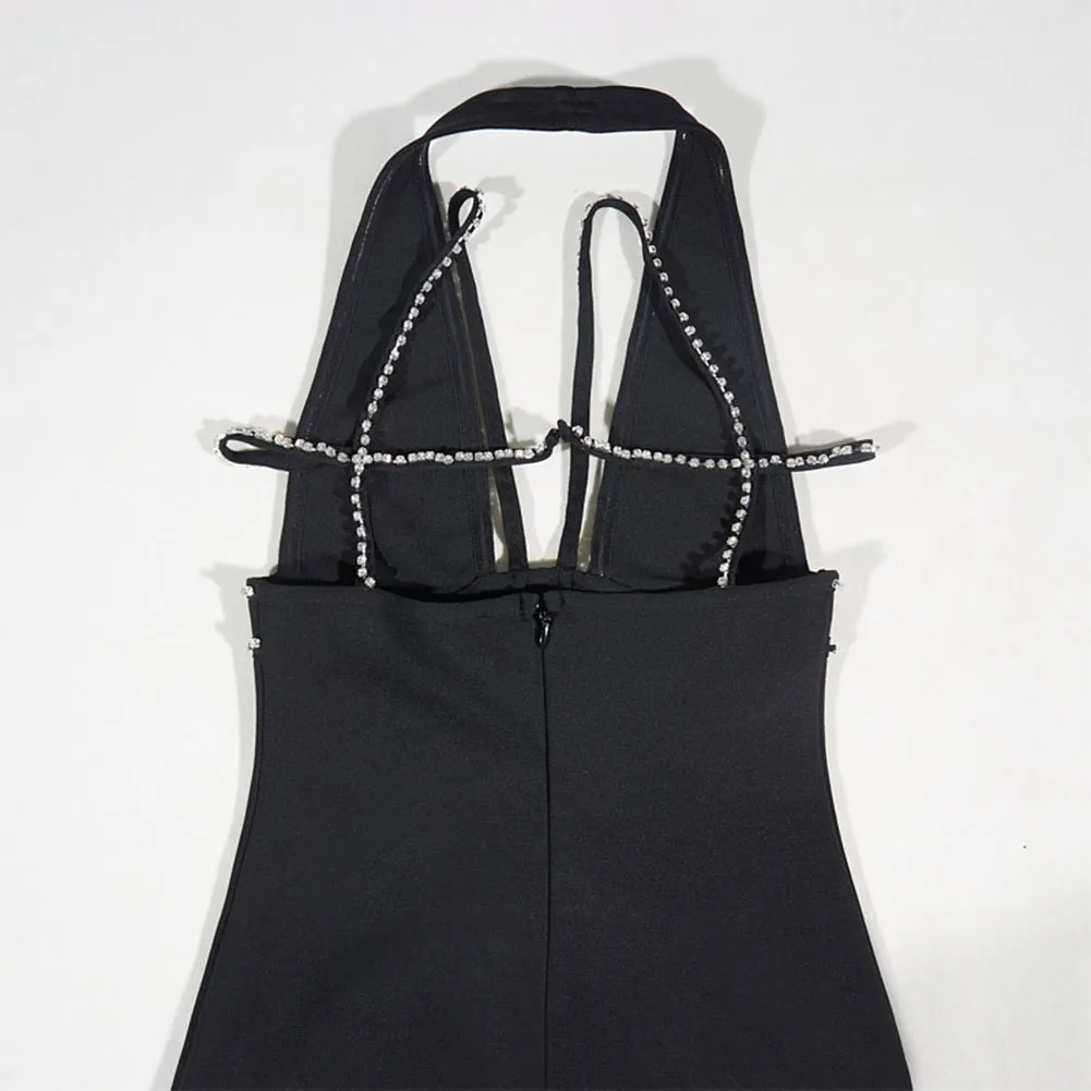Halter Sleeveless Rhinestone Midi Bandage Dress PZC2466