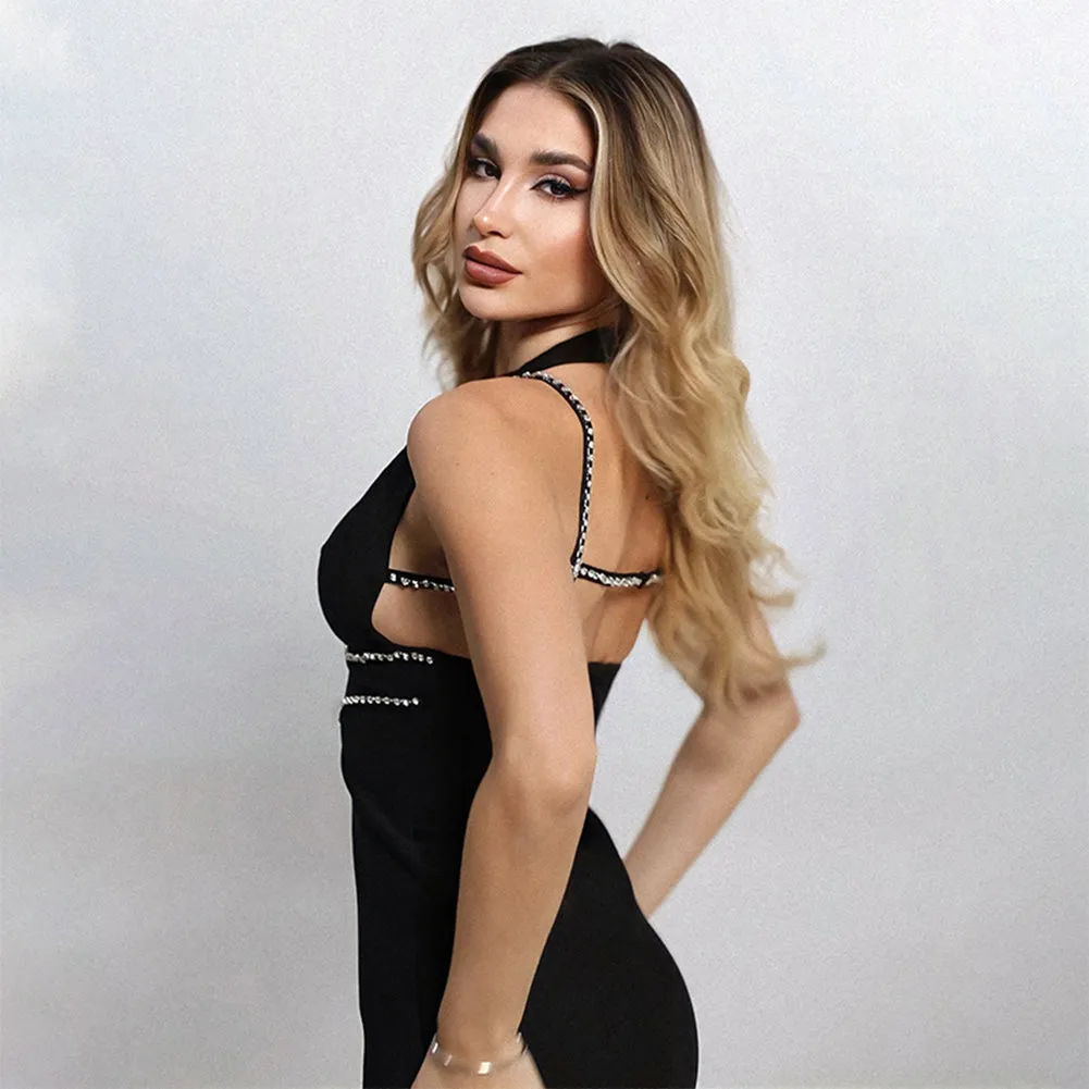 Halter Sleeveless Rhinestone Midi Bandage Dress PZC2466