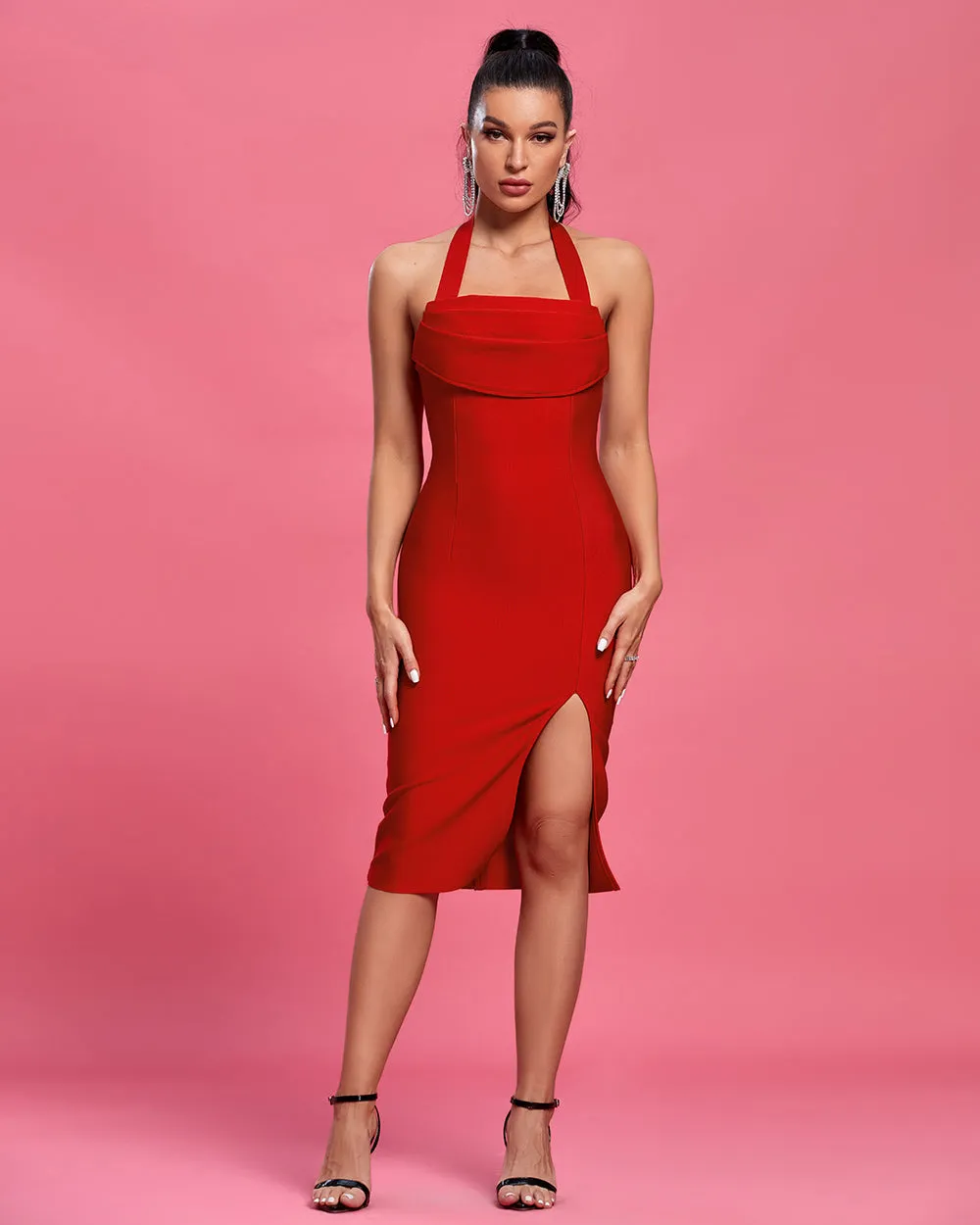 Halter Sleeveless Slit Midi Prom Dress