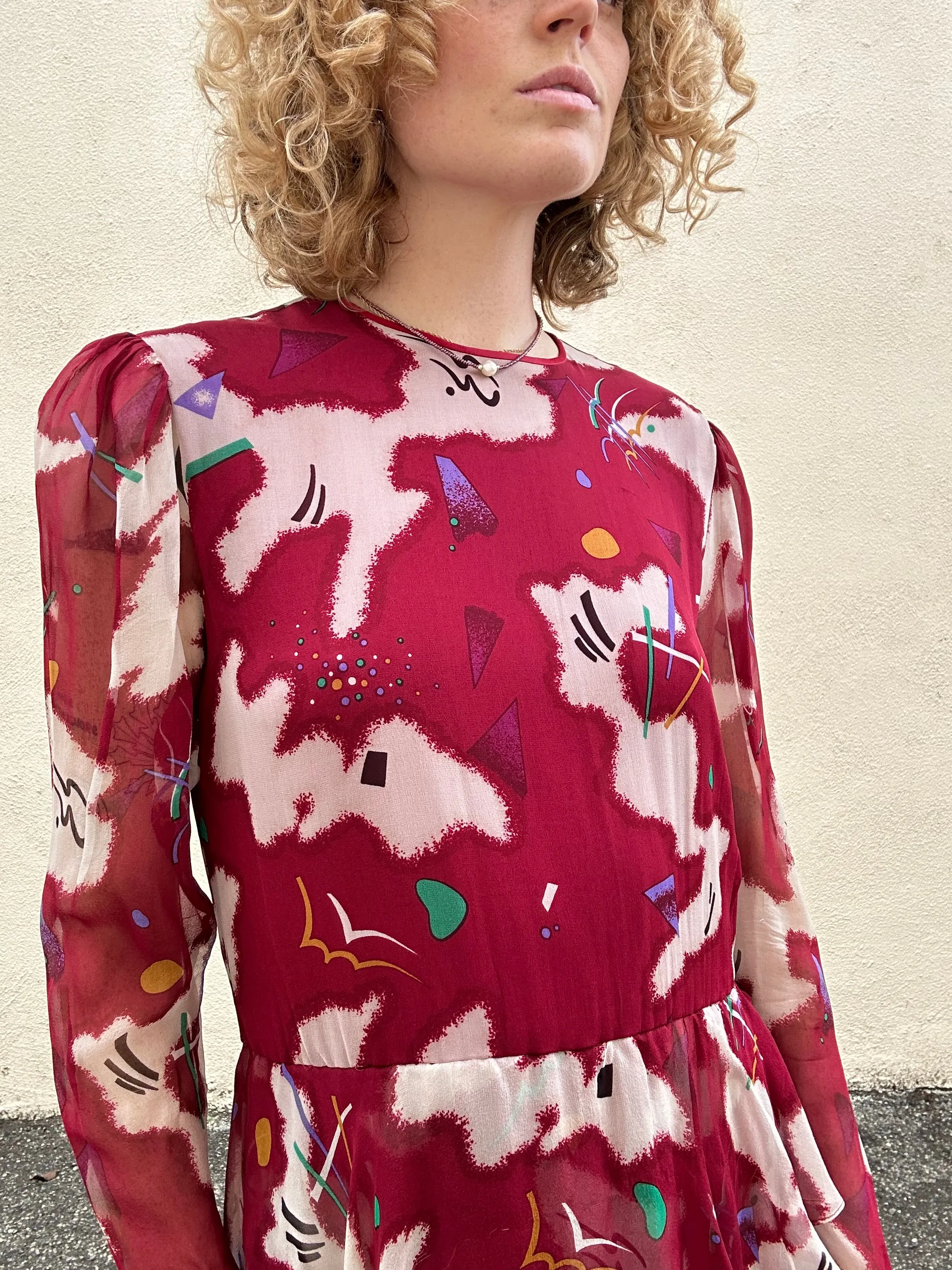 Hanae Mori Boutique Maroon Silk Print Dress with Peplum