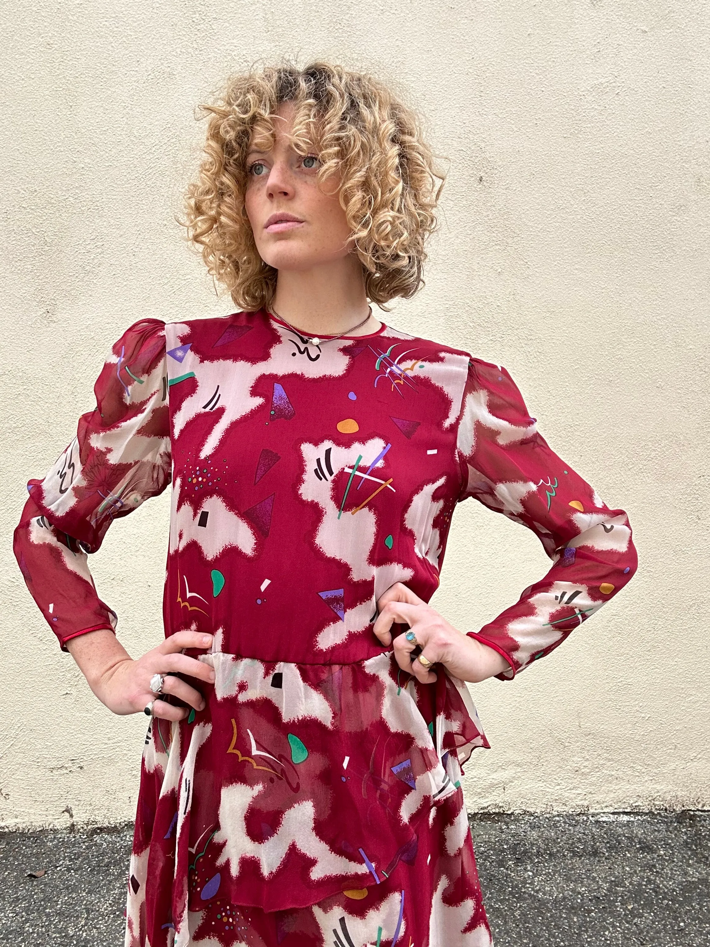 Hanae Mori Boutique Maroon Silk Print Dress with Peplum