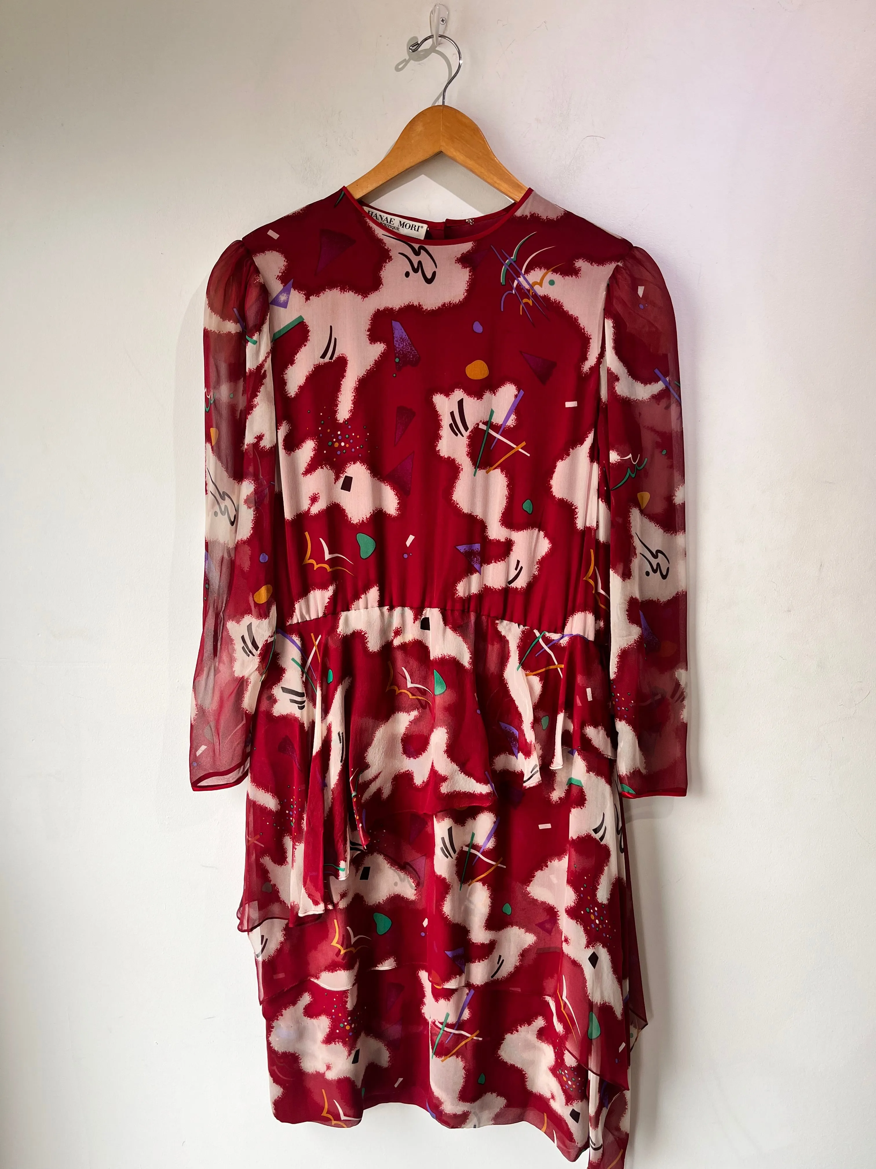 Hanae Mori Boutique Maroon Silk Print Dress with Peplum