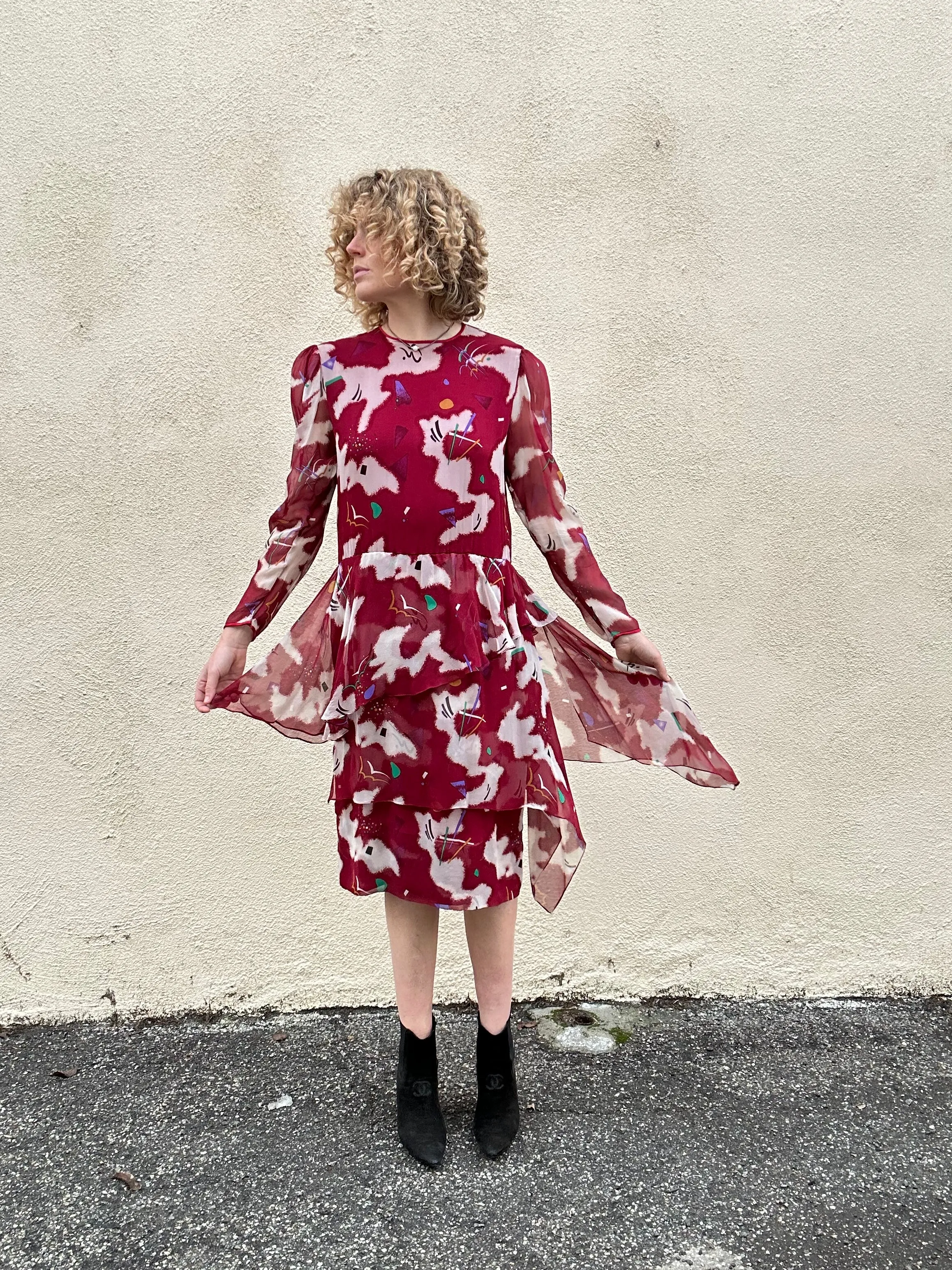 Hanae Mori Boutique Maroon Silk Print Dress with Peplum