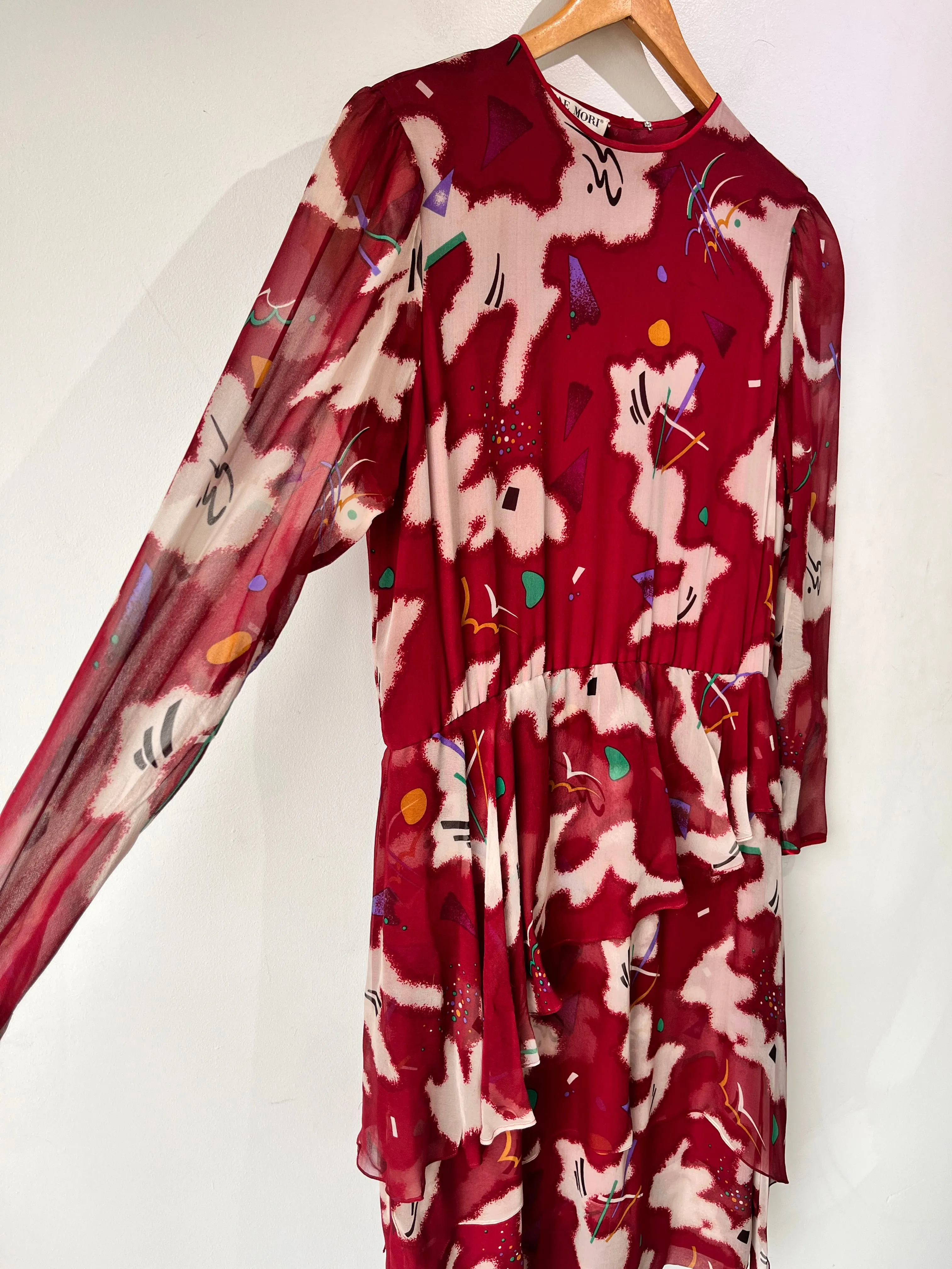 Hanae Mori Boutique Maroon Silk Print Dress with Peplum