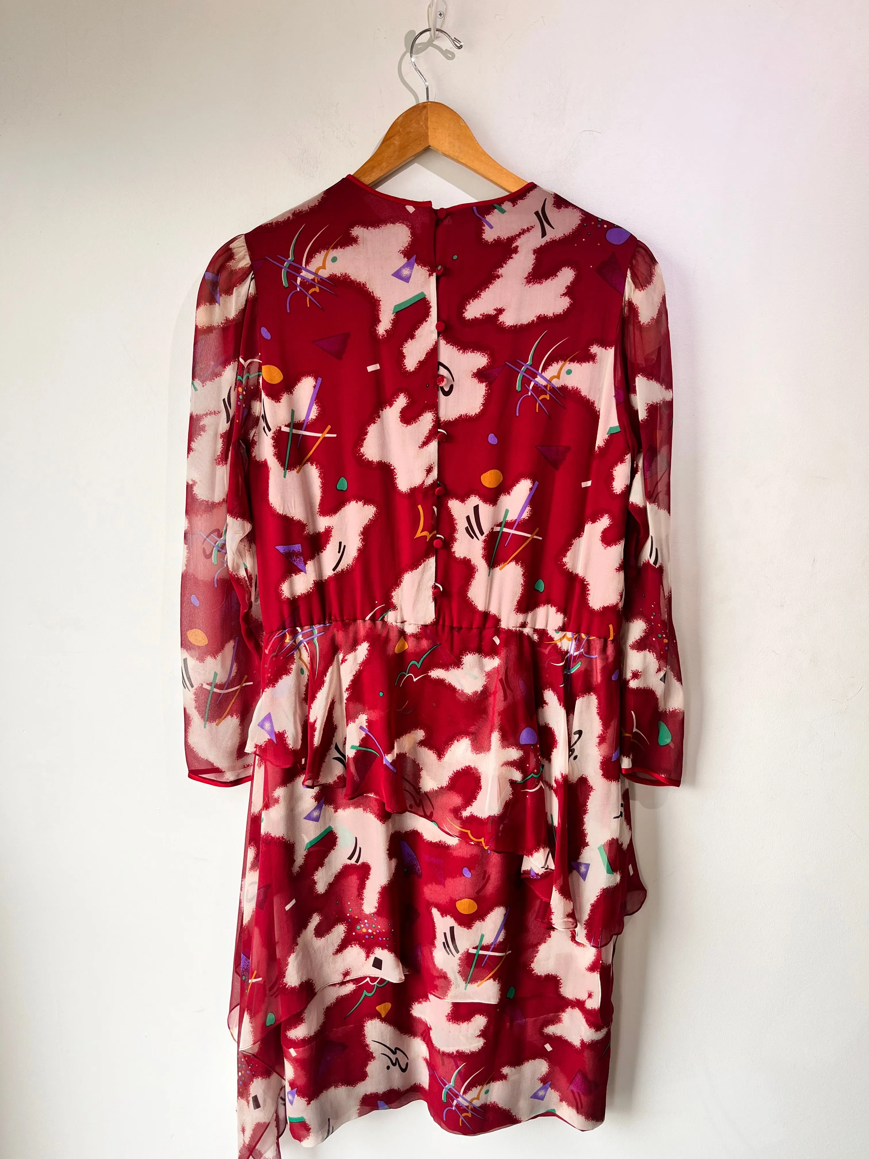 Hanae Mori Boutique Maroon Silk Print Dress with Peplum