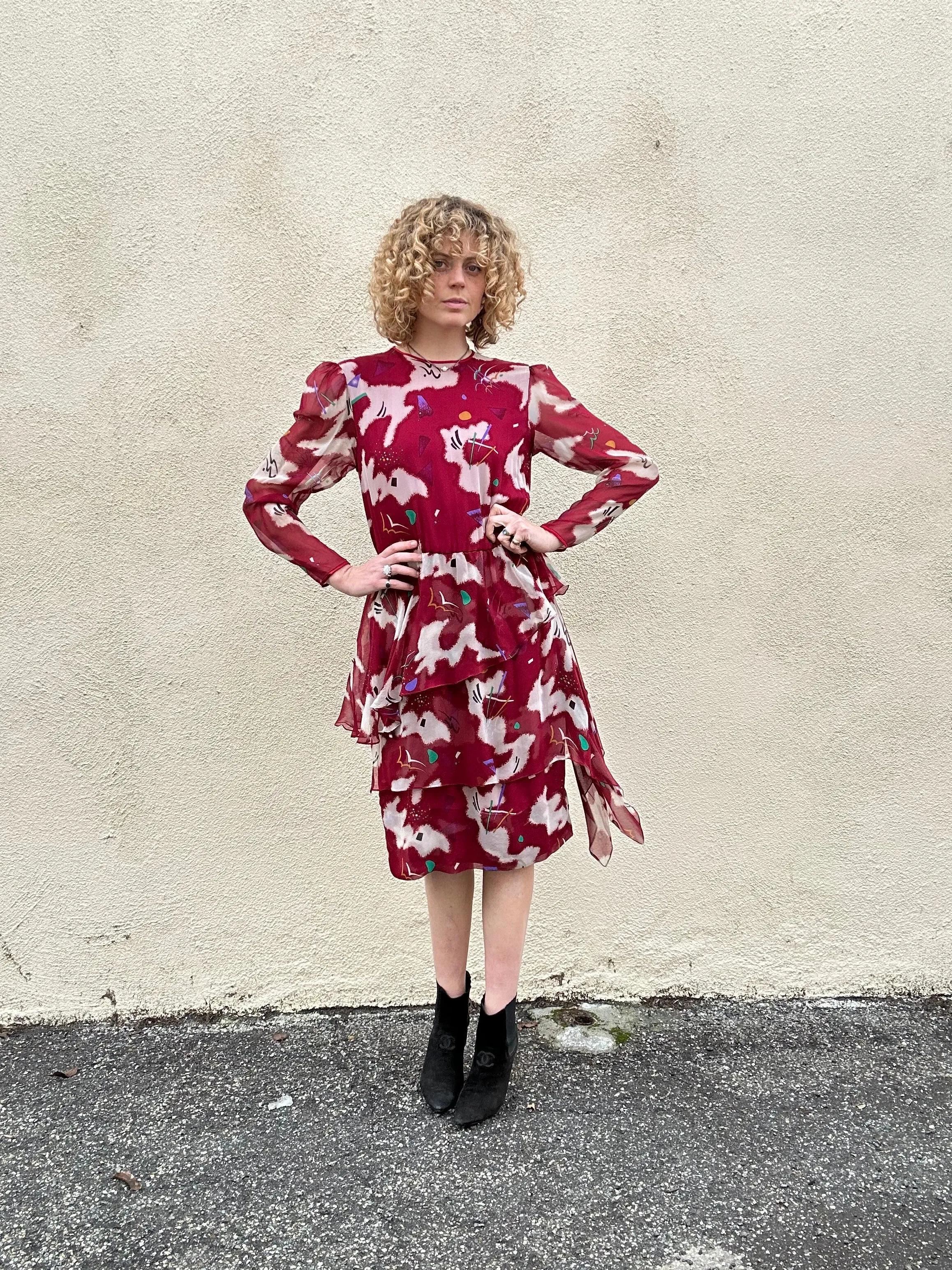 Hanae Mori Boutique Maroon Silk Print Dress with Peplum