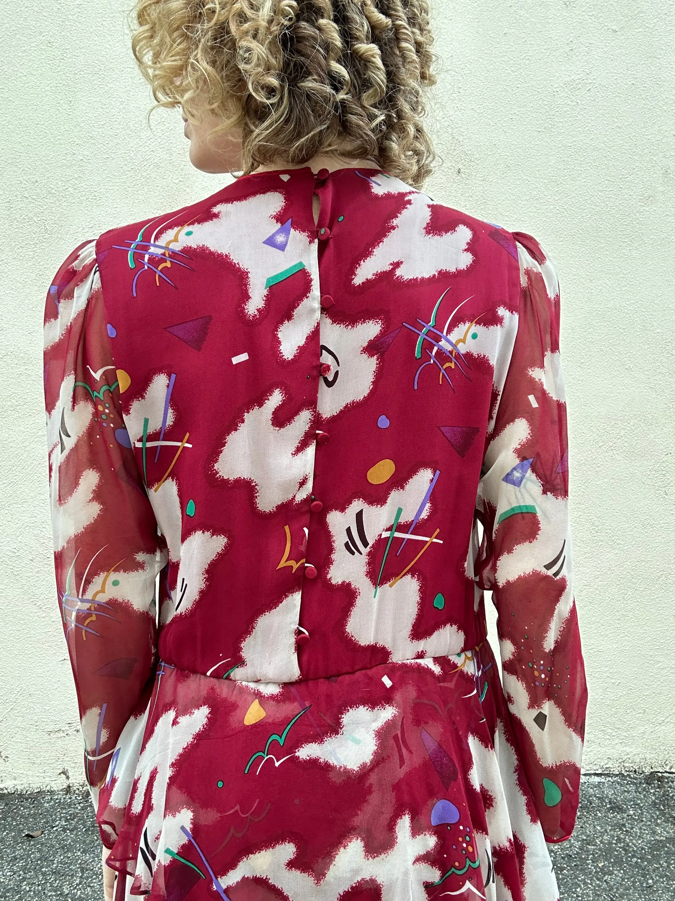 Hanae Mori Boutique Maroon Silk Print Dress with Peplum