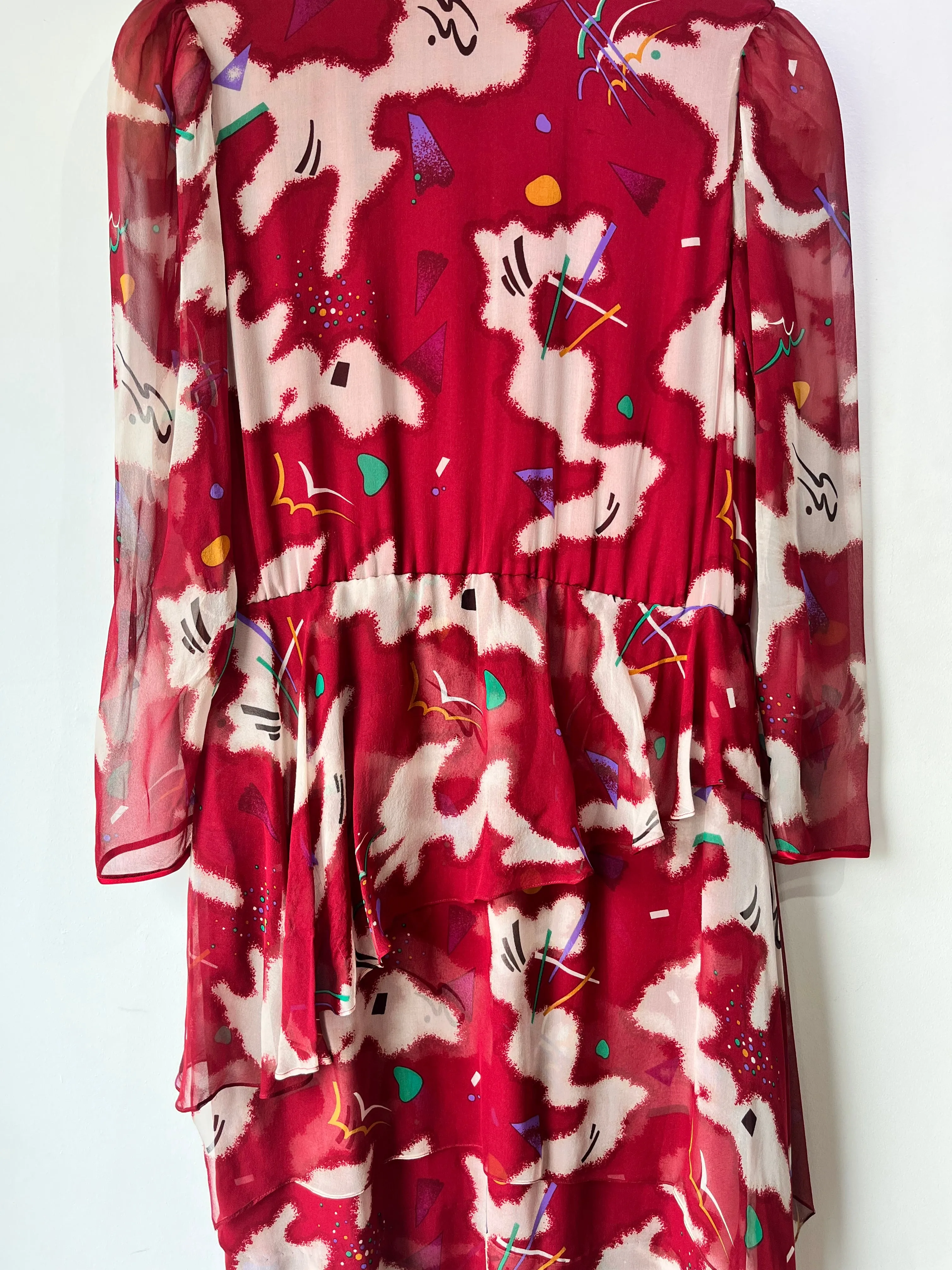 Hanae Mori Boutique Maroon Silk Print Dress with Peplum