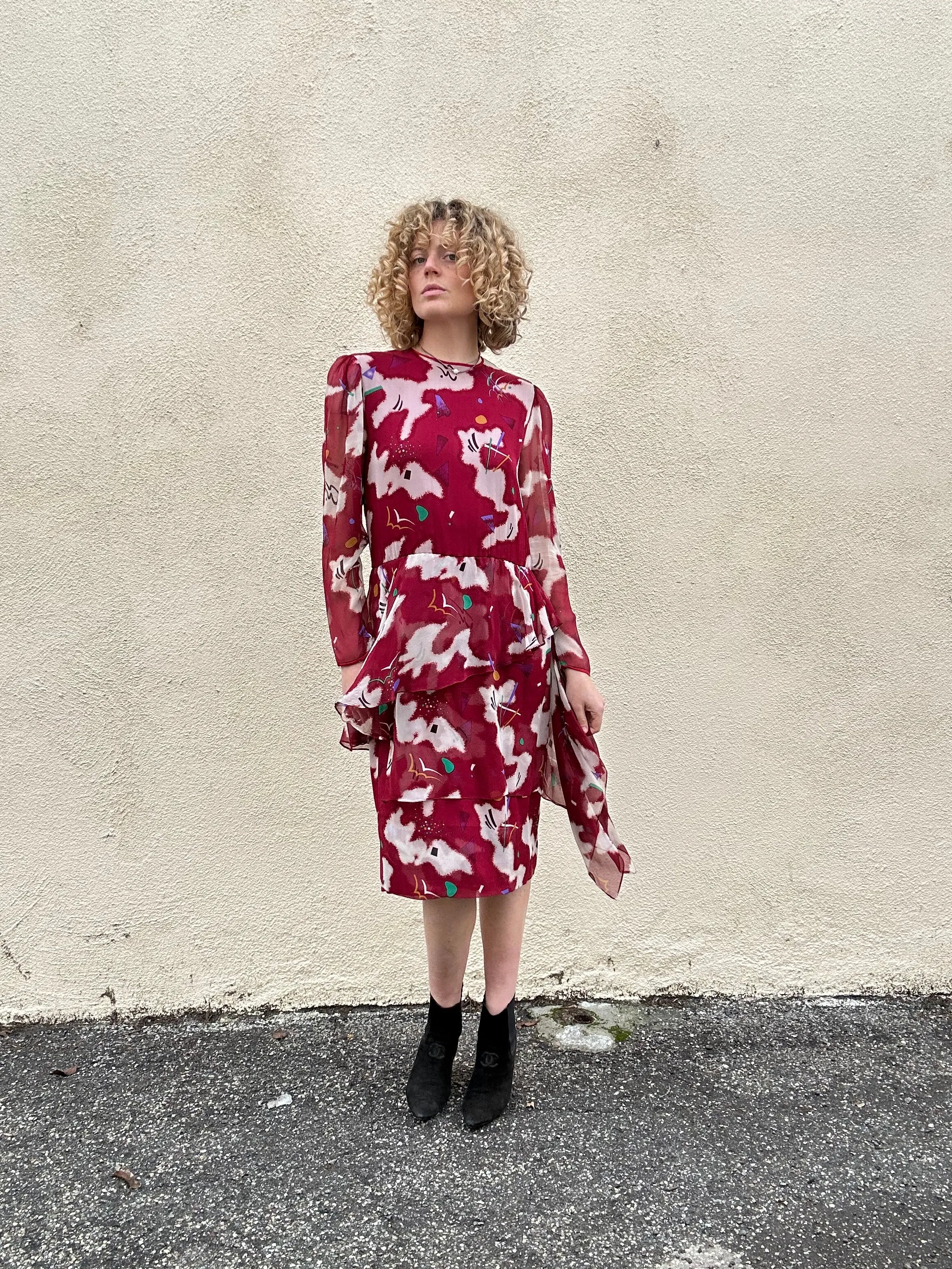 Hanae Mori Boutique Maroon Silk Print Dress with Peplum
