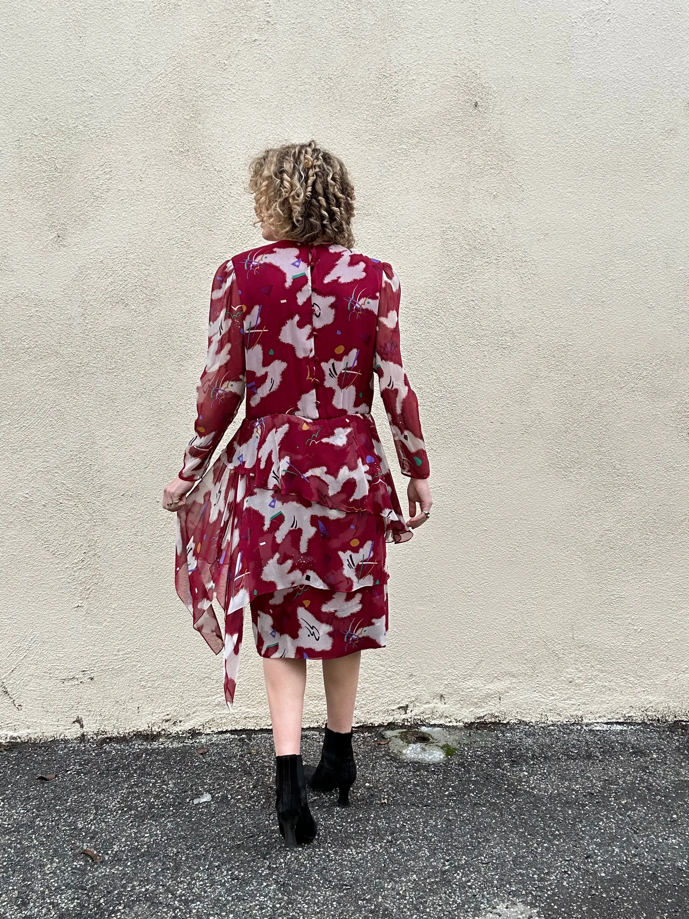 Hanae Mori Boutique Maroon Silk Print Dress with Peplum