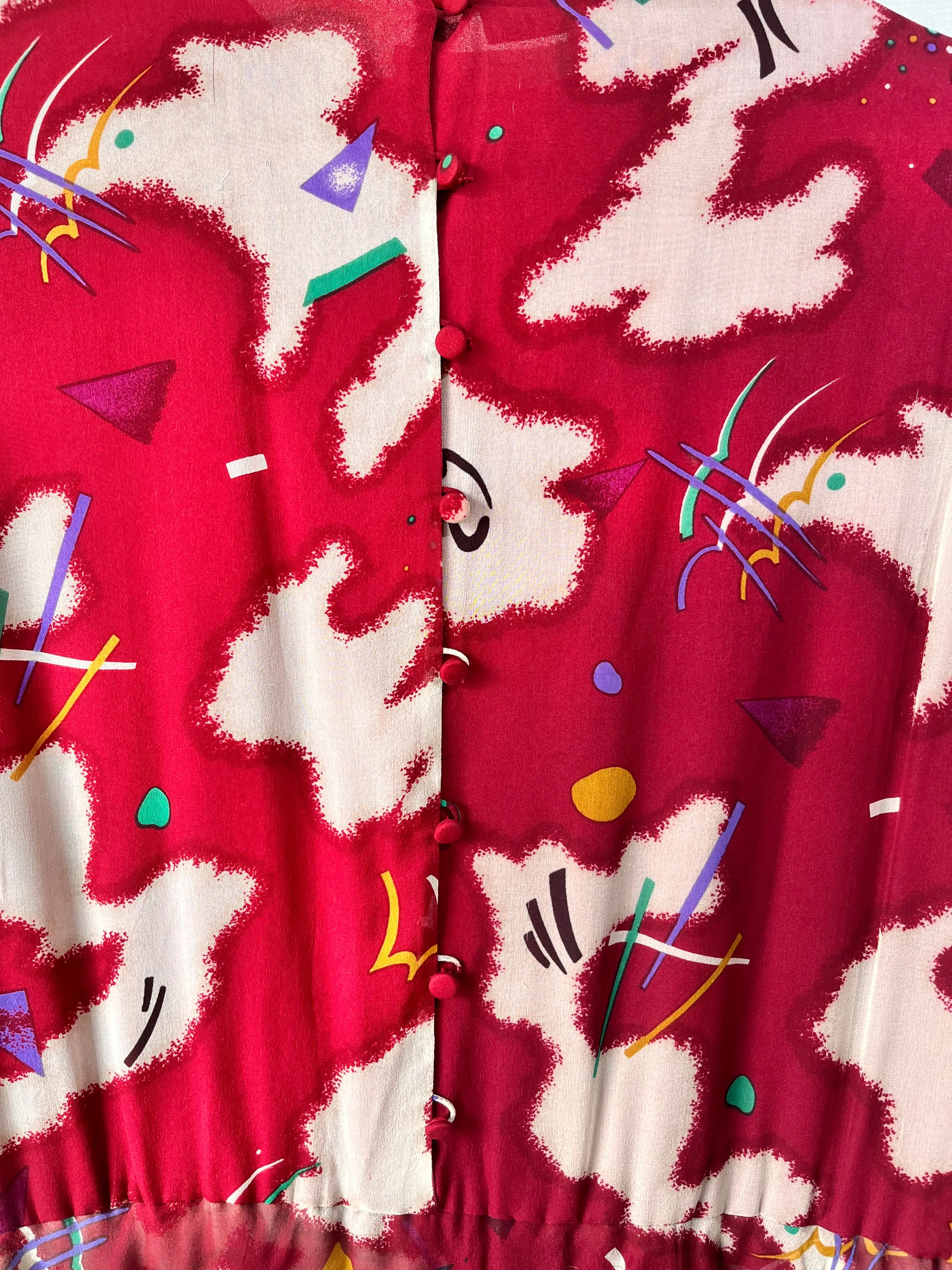 Hanae Mori Boutique Maroon Silk Print Dress with Peplum