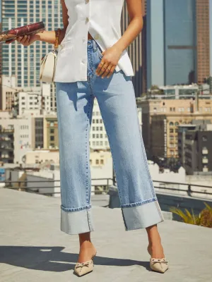 Hazel Blues® |  High Waisted Straight Leg Rolled Jeans