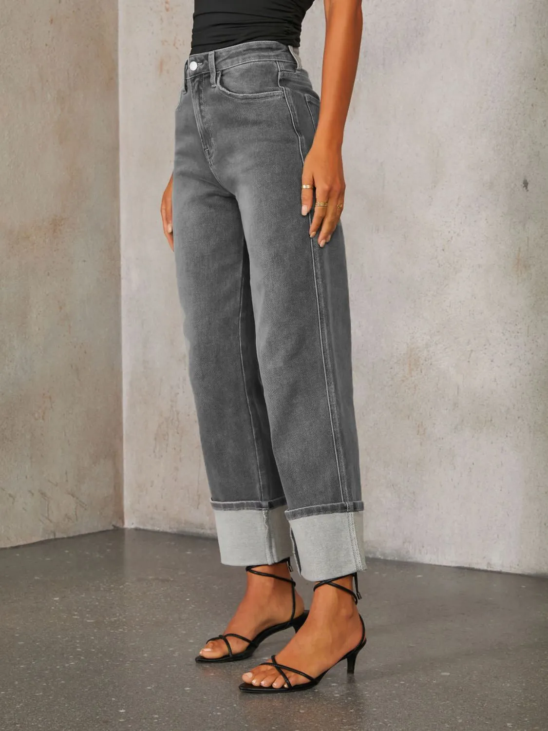 Hazel Blues® |  High Waisted Straight Leg Rolled Jeans