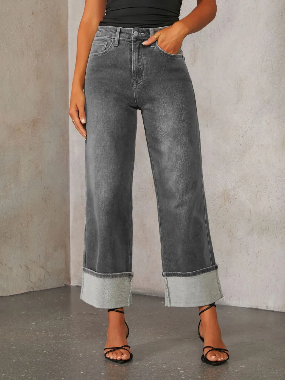 Hazel Blues® |  High Waisted Straight Leg Rolled Jeans