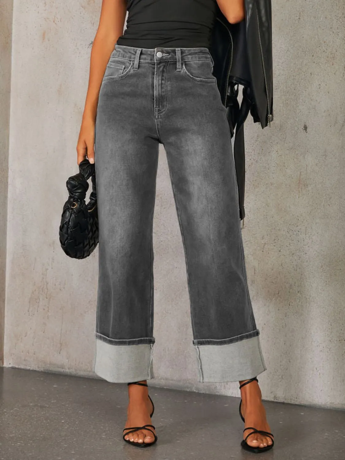 Hazel Blues® |  High Waisted Straight Leg Rolled Jeans