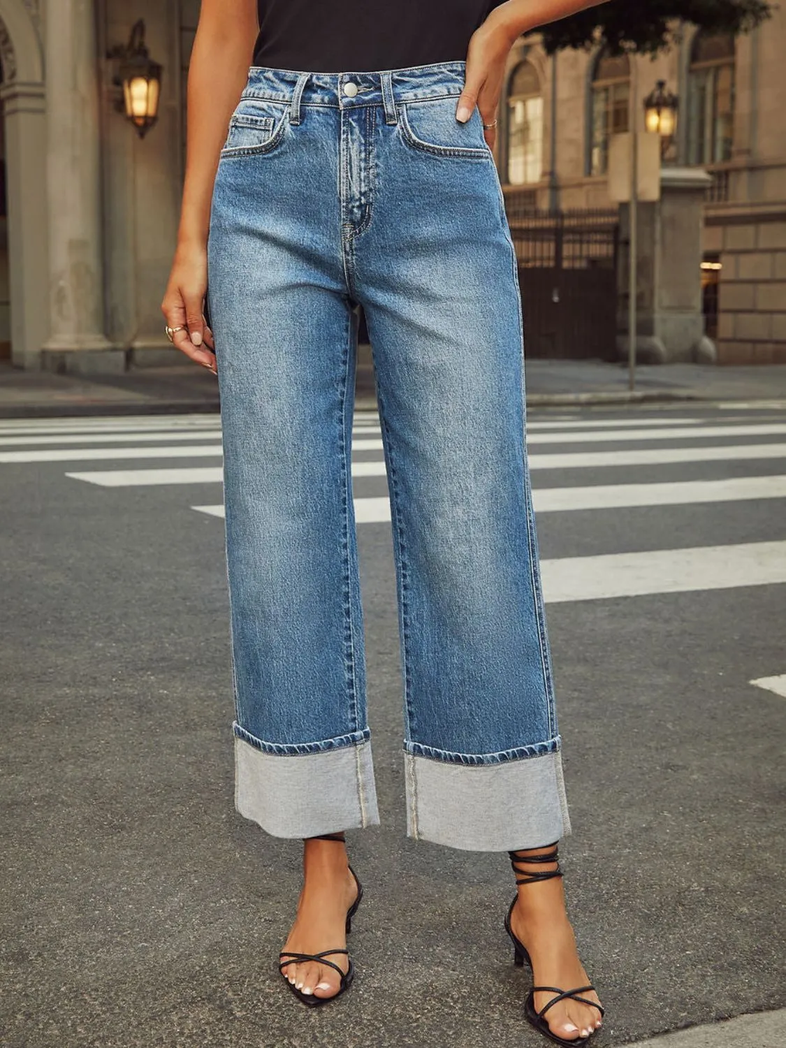 Hazel Blues® |  High Waisted Straight Leg Rolled Jeans