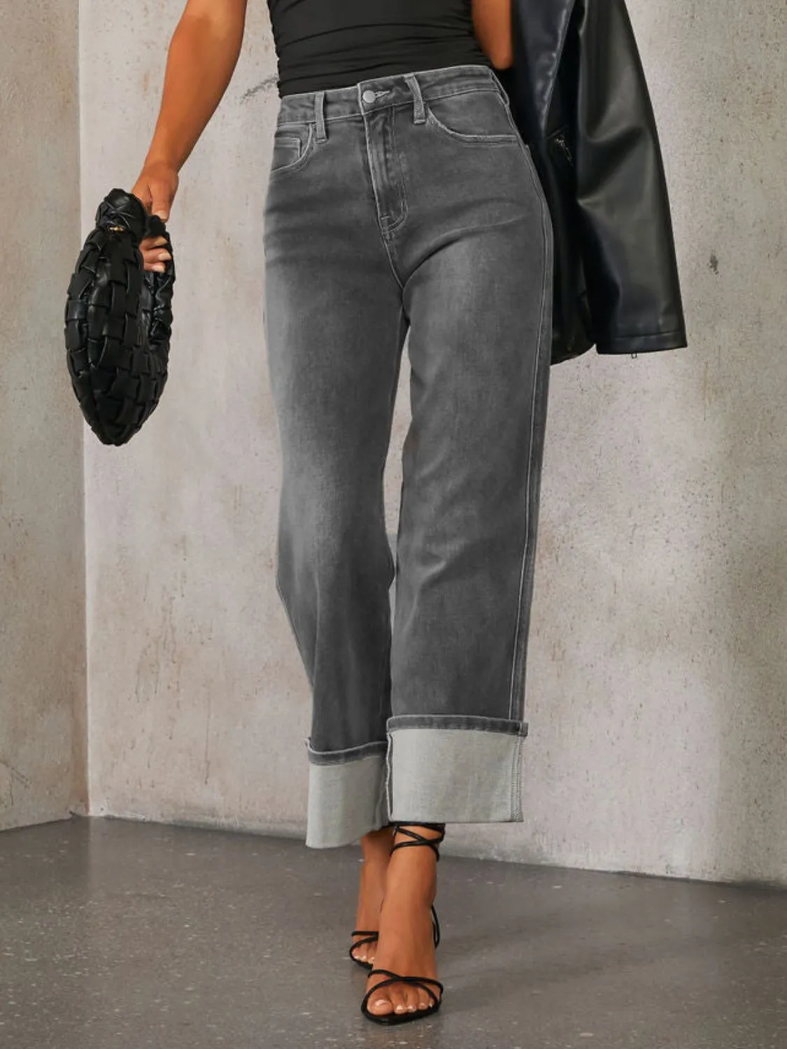 Hazel Blues® |  High Waisted Straight Leg Rolled Jeans