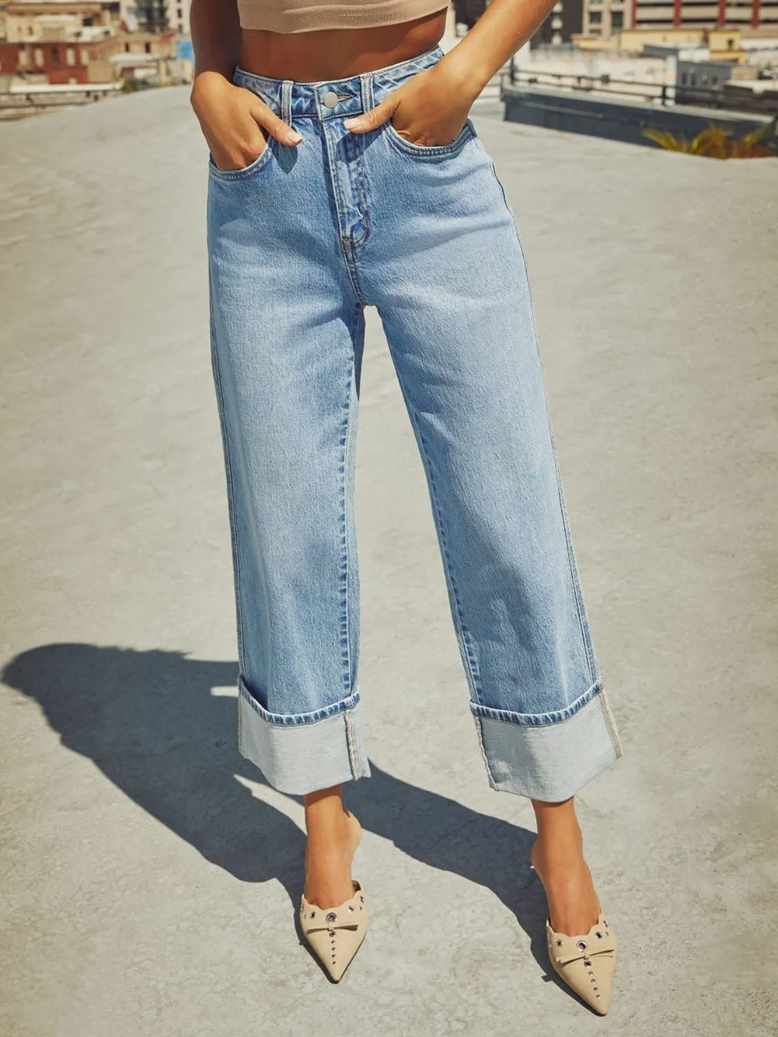 Hazel Blues® |  High Waisted Straight Leg Rolled Jeans