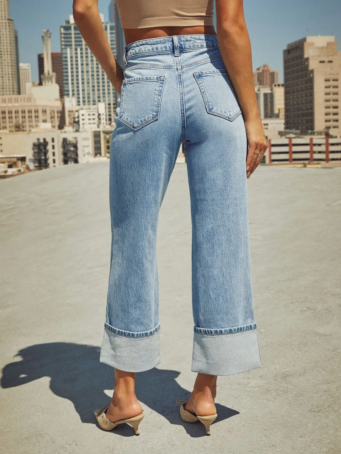 Hazel Blues® |  High Waisted Straight Leg Rolled Jeans
