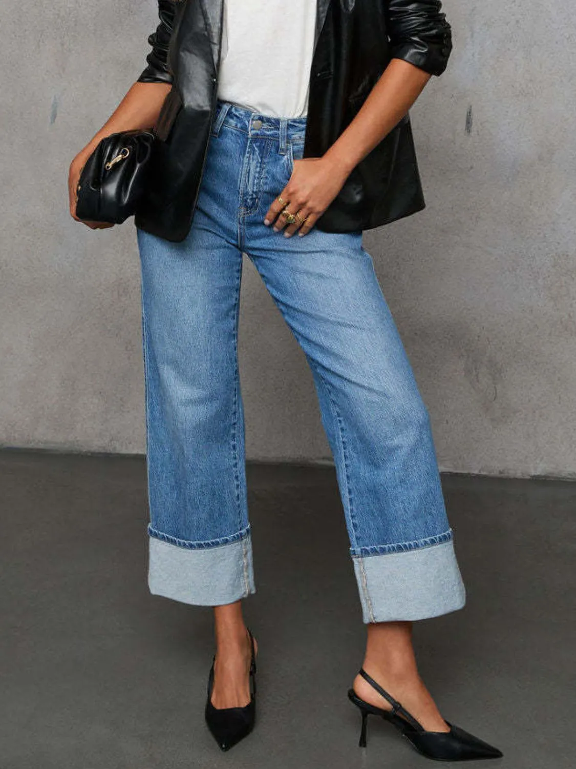 Hazel Blues® |  High Waisted Straight Leg Rolled Jeans