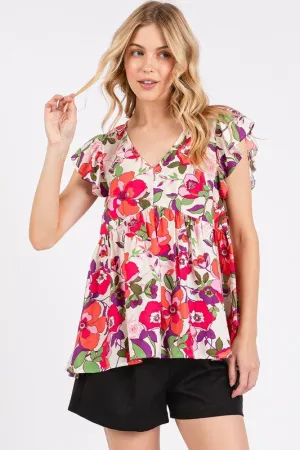 Hazel Blues® |  Mittoshop Floral V-Neck Ruffled Cap Sleeve Blouse