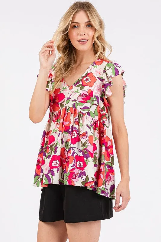 Hazel Blues® |  Mittoshop Floral V-Neck Ruffled Cap Sleeve Blouse