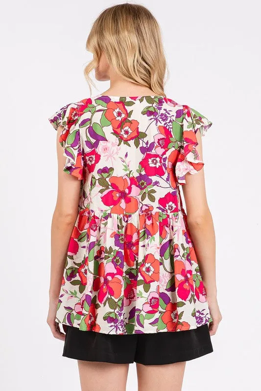 Hazel Blues® |  Mittoshop Floral V-Neck Ruffled Cap Sleeve Blouse