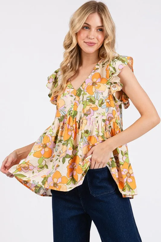 Hazel Blues® |  Mittoshop Floral V-Neck Ruffled Cap Sleeve Blouse