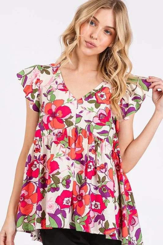 Hazel Blues® |  Mittoshop Floral V-Neck Ruffled Cap Sleeve Blouse