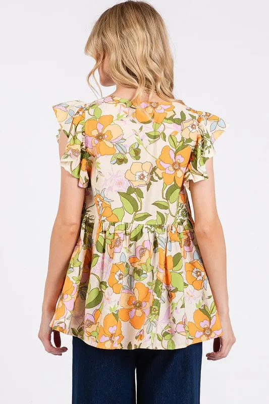 Hazel Blues® |  Mittoshop Floral V-Neck Ruffled Cap Sleeve Blouse