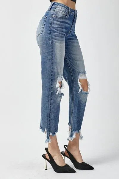 Hazel Blues® |  RISEN High Waist Distressed Frayed Hem Cropped Straight Jeans