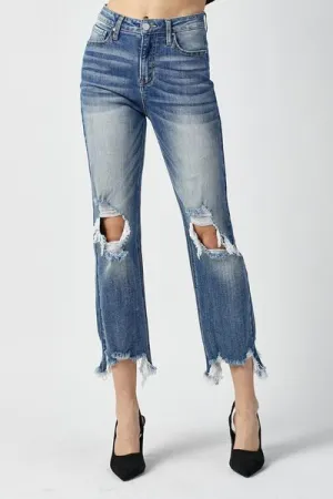 Hazel Blues® |  RISEN High Waist Distressed Frayed Hem Cropped Straight Jeans