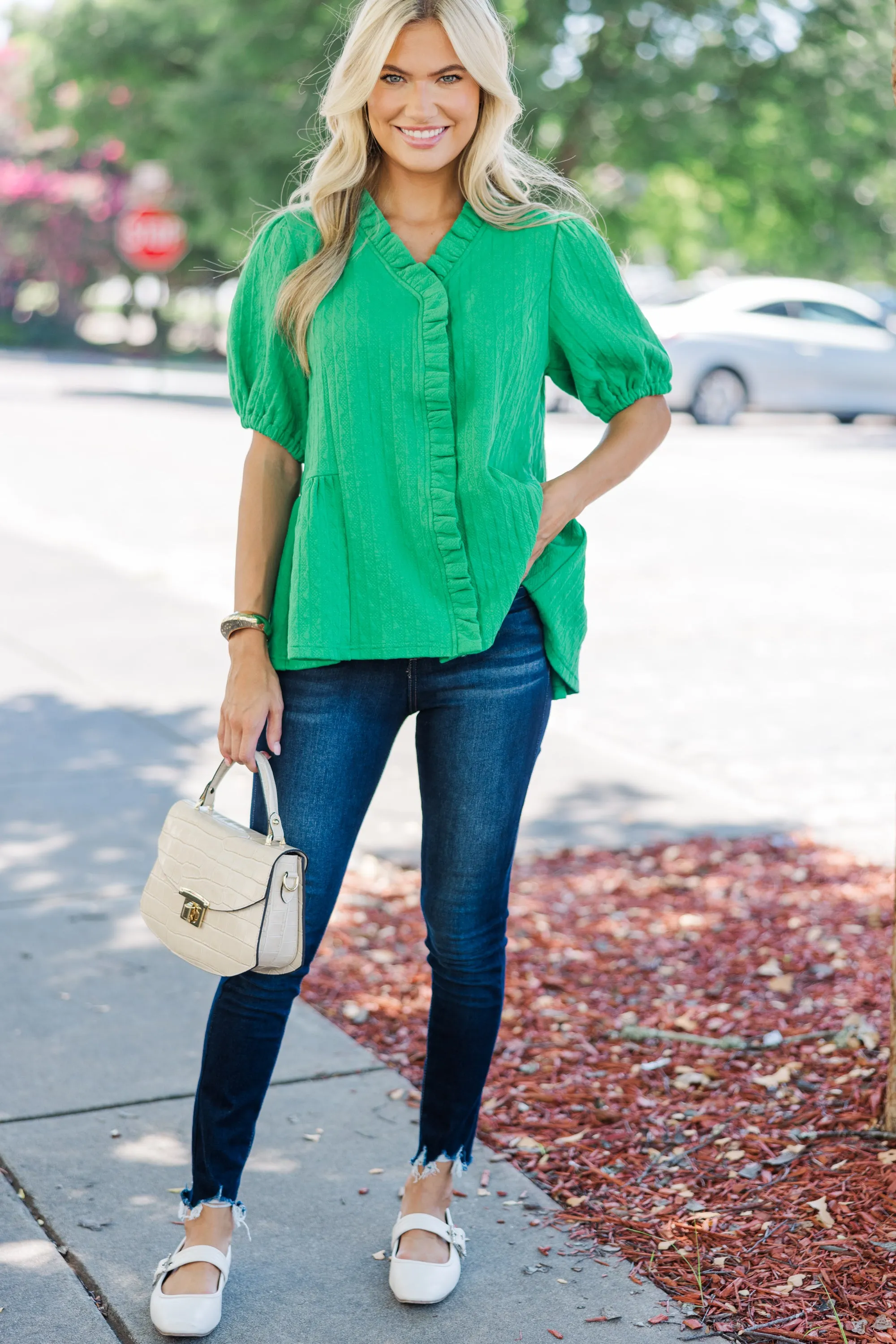 Here Today Green Textured Blouse