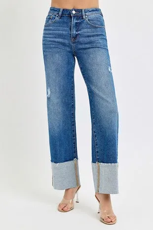 High Rise Ankle Wide Cuffed Jeans