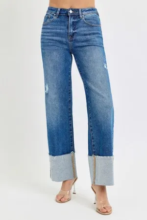 High Rise Ankle Wide Cuffed Jeans