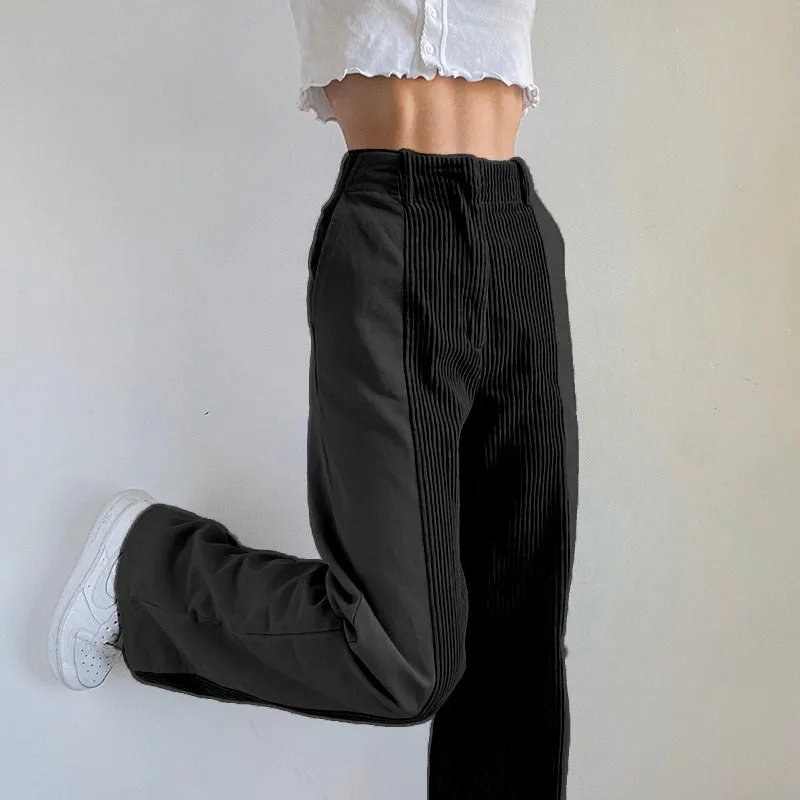 High Waist Mixed Fabric Corduroy Pants