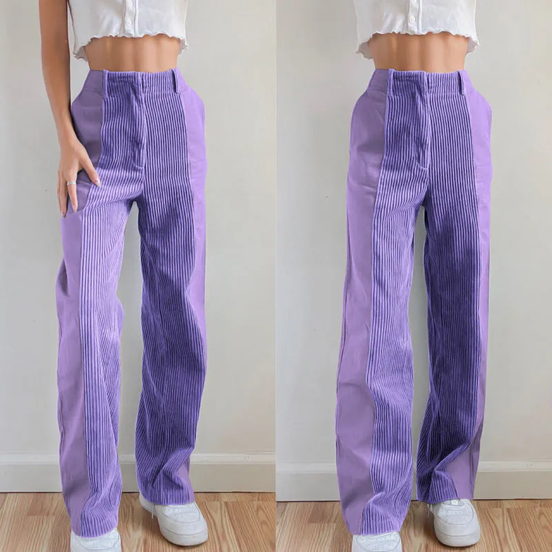 High Waist Mixed Fabric Corduroy Pants