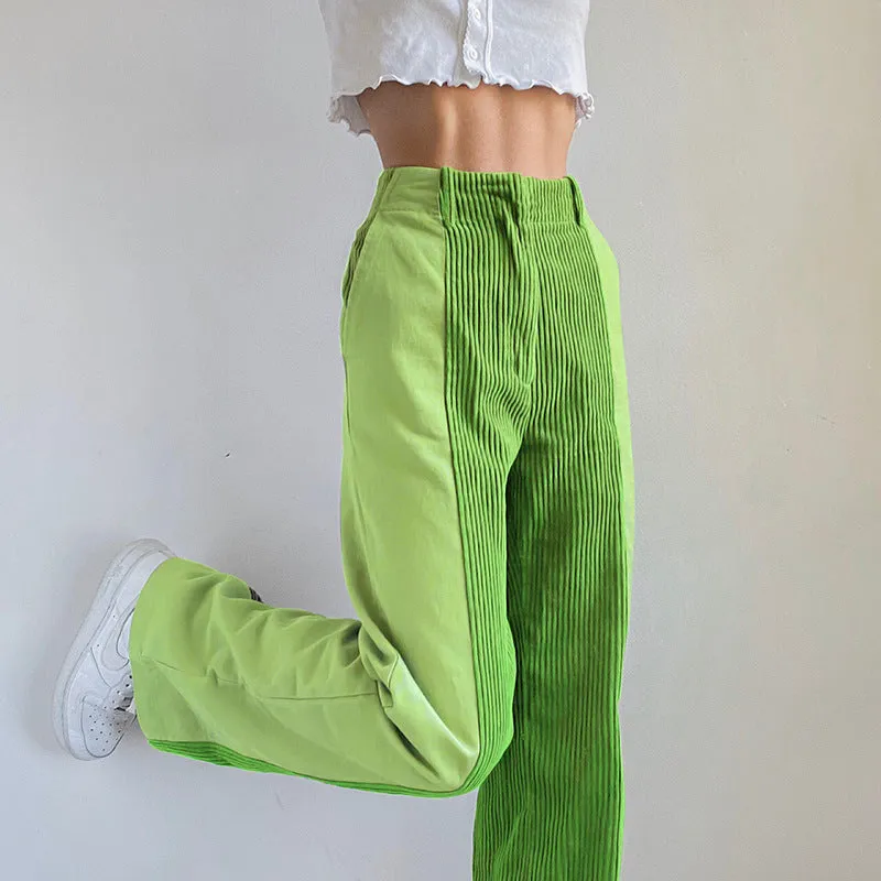 High Waist Mixed Fabric Corduroy Pants