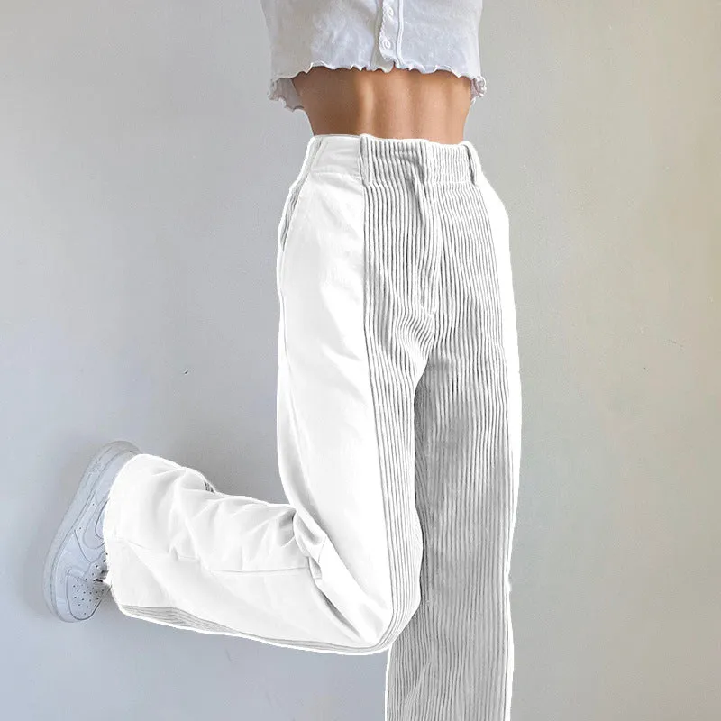 High Waist Mixed Fabric Corduroy Pants
