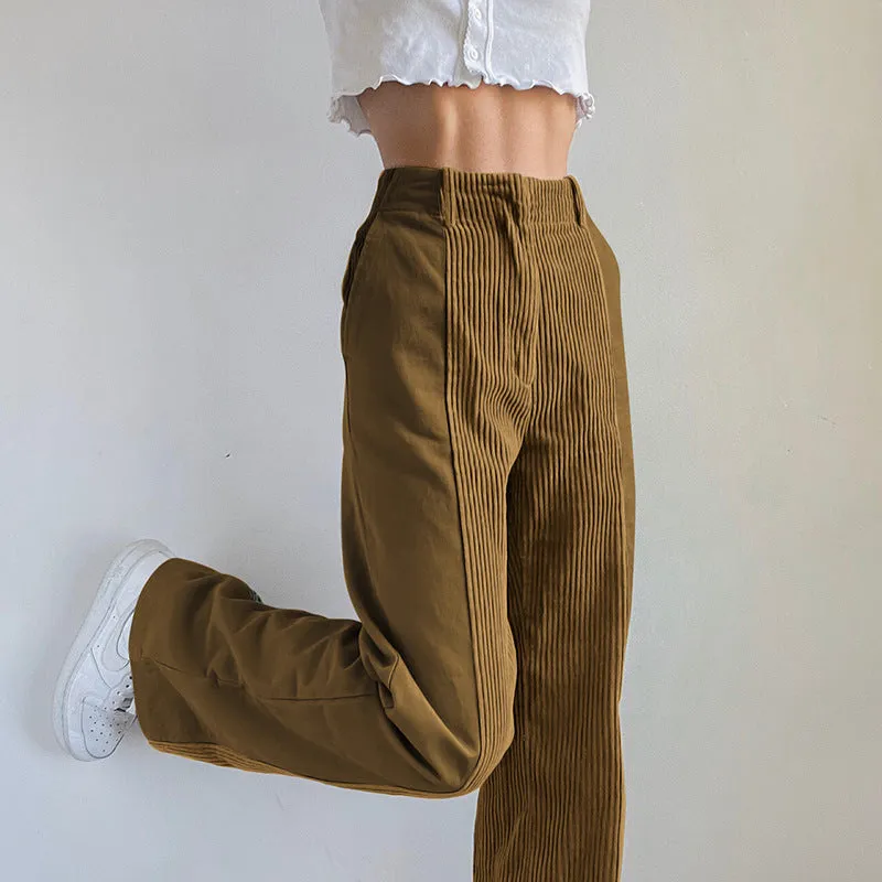 High Waist Mixed Fabric Corduroy Pants