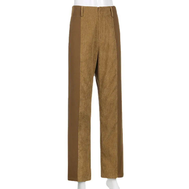 High Waist Mixed Fabric Corduroy Pants