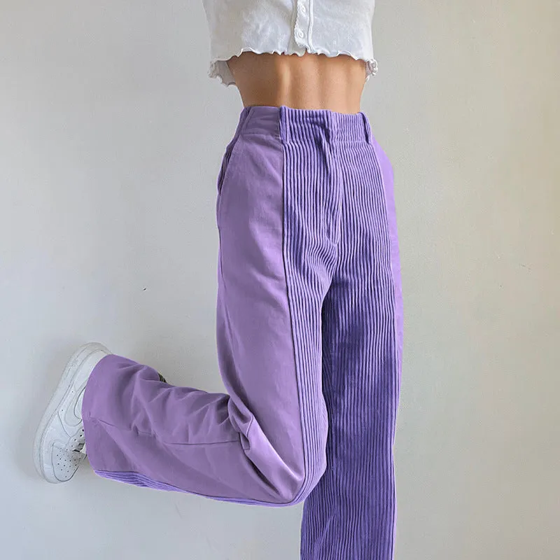 High Waist Mixed Fabric Corduroy Pants