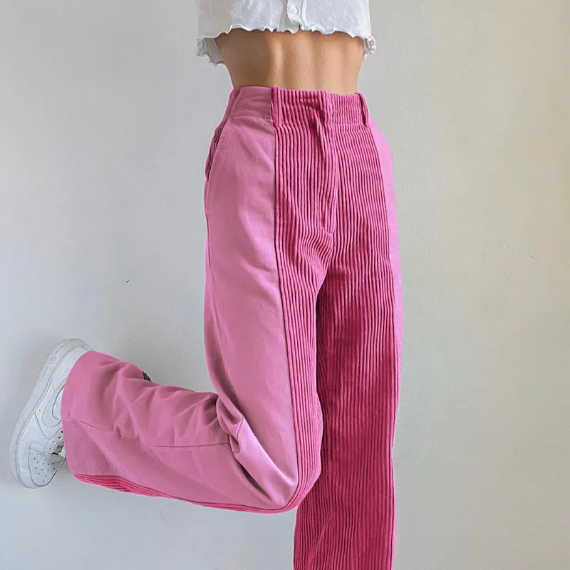 High Waist Mixed Fabric Corduroy Pants