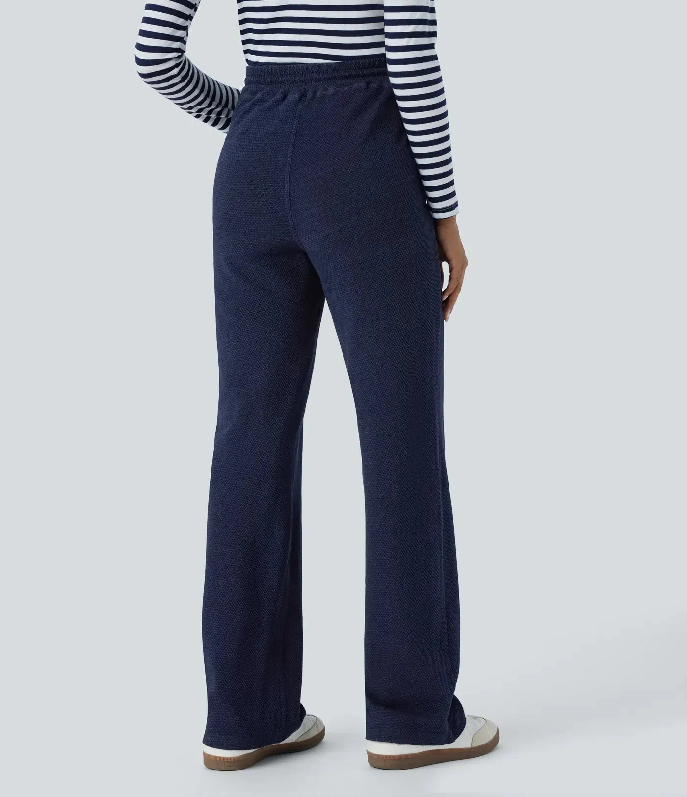 High-Waisted Drawstring Straight Leg Jeans | Stretchy Knit & Pockets