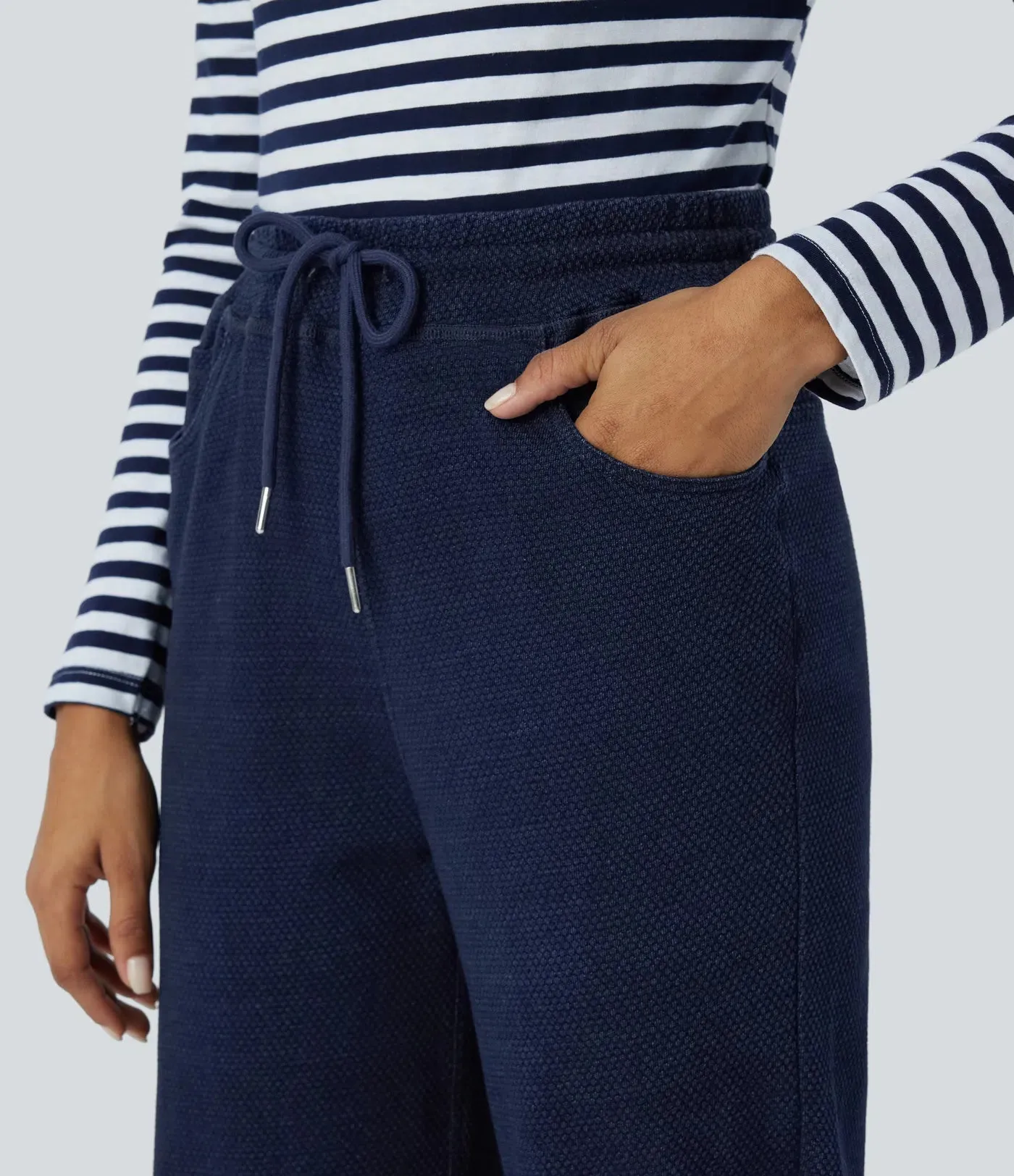 High-Waisted Drawstring Straight Leg Jeans | Stretchy Knit & Pockets