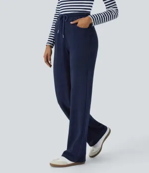 High-Waisted Drawstring Straight Leg Jeans | Stretchy Knit & Pockets