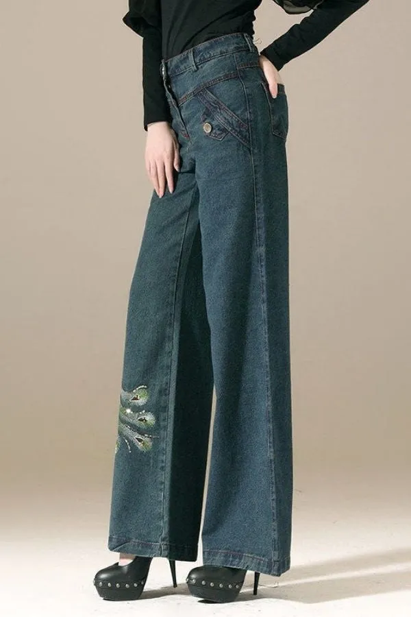 High Waisted Embroidery Jeans
